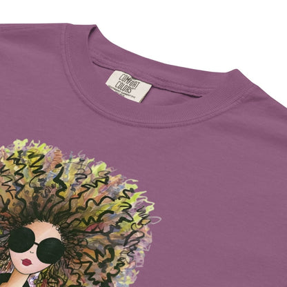 Berry-purple t-shirt with a colorful afro graphic and 'Comfort Colors' label.