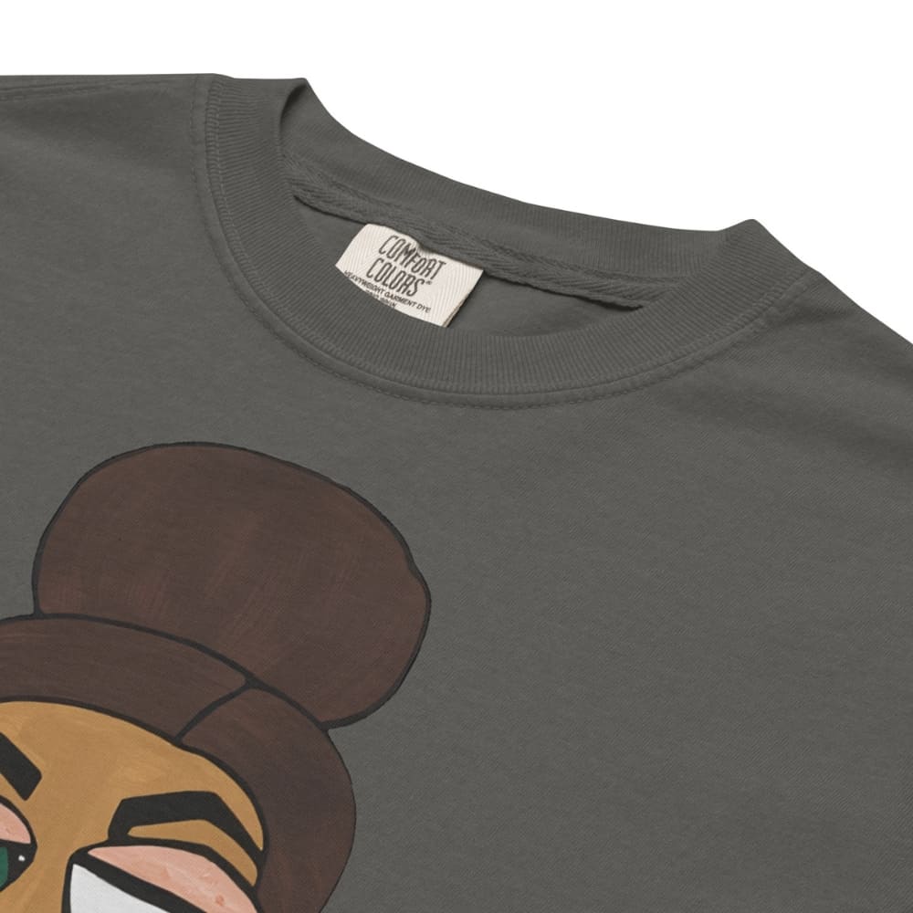 Gray t-shirt with cartoon character design and 'Comfort Colors' label.