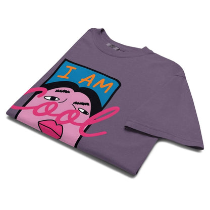 Grape purple t-shirt with colorful graphic design on a white background