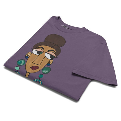 Grape purple t-shirt with a graphic of a stylized face on a white background