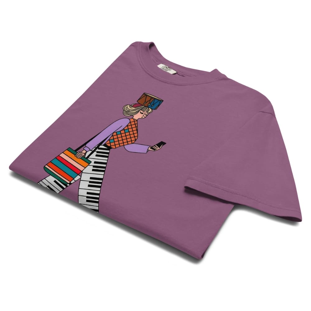 Berry purple t-shirt with a colorful graphic design on a white background