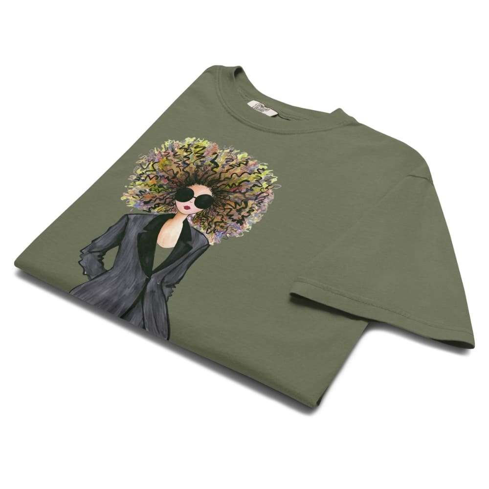 Moss-green t-shirt with a graphic of a woman with flowers in her hair on a white background