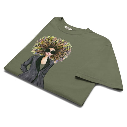 Moss-green t-shirt with a graphic of a woman with flowers in her hair on a white background