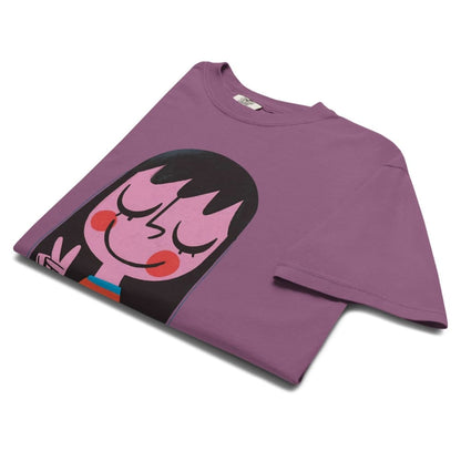 Purple t-shirt with a cartoon character design on a white background