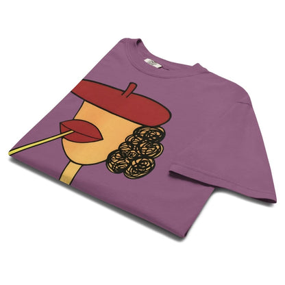 Berry t-shirt with a graphic design of a face wearing a red beret and holding a cigarette on a white background.