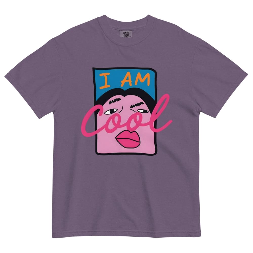 Grape purple t-shirt with a graphic design of a face and 'I AM Cool' text on a white background