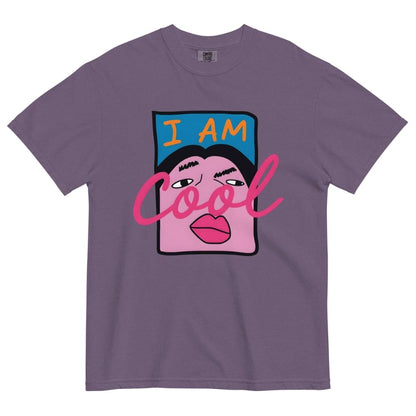 Grape purple t-shirt with a graphic design of a face and 'I AM Cool' text on a white background