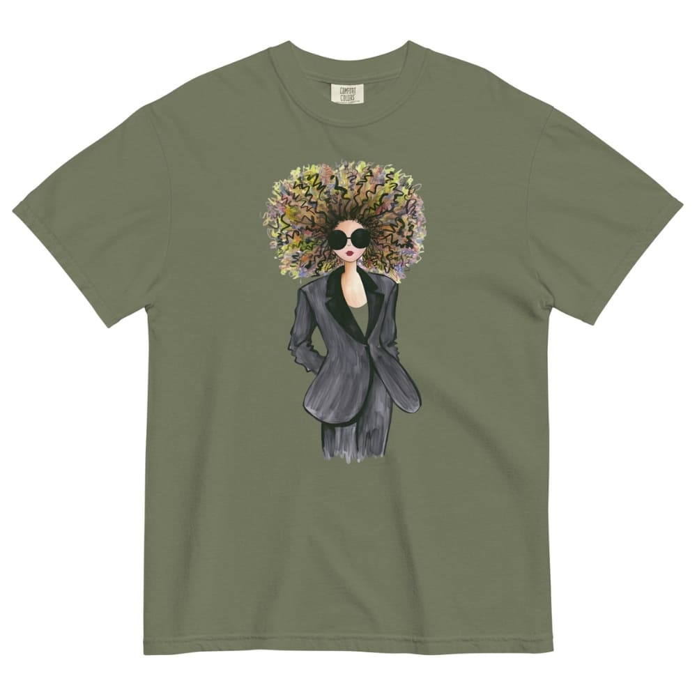 Moss-green t-shirt with a graphic of a woman with flowers in her hair on a white background