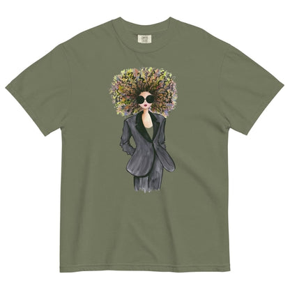 Moss-green t-shirt with a graphic of a woman with flowers in her hair on a white background