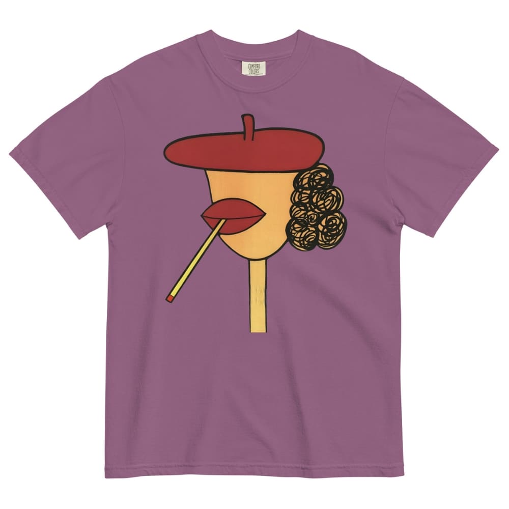 Berry t-shirt with a stylized face design featuring a red beret, yellow face, and black hair on a white background.