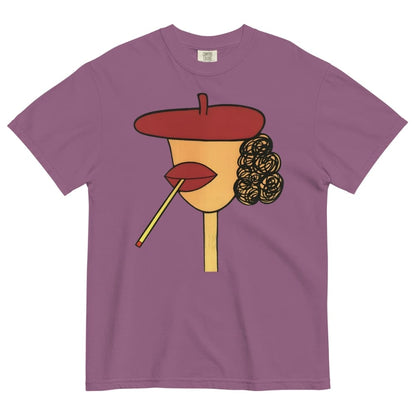 Berry t-shirt with a stylized face design featuring a red beret, yellow face, and black hair on a white background.