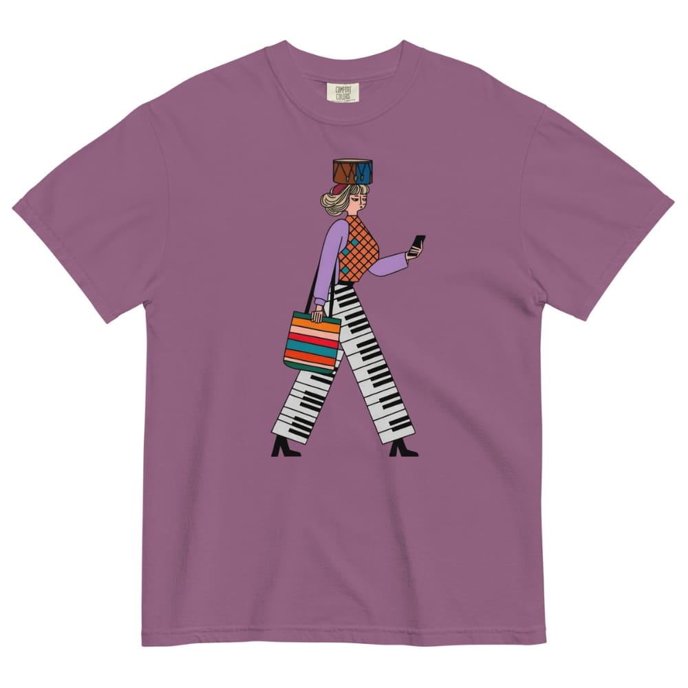 Berry purple t-shirt with a colorful graphic of a person walking on a white background