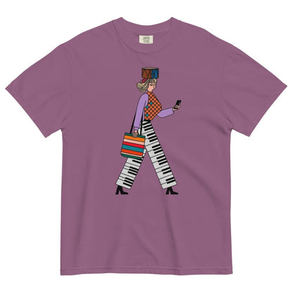Berry purple t-shirt with a colorful graphic of a person walking on a white background
