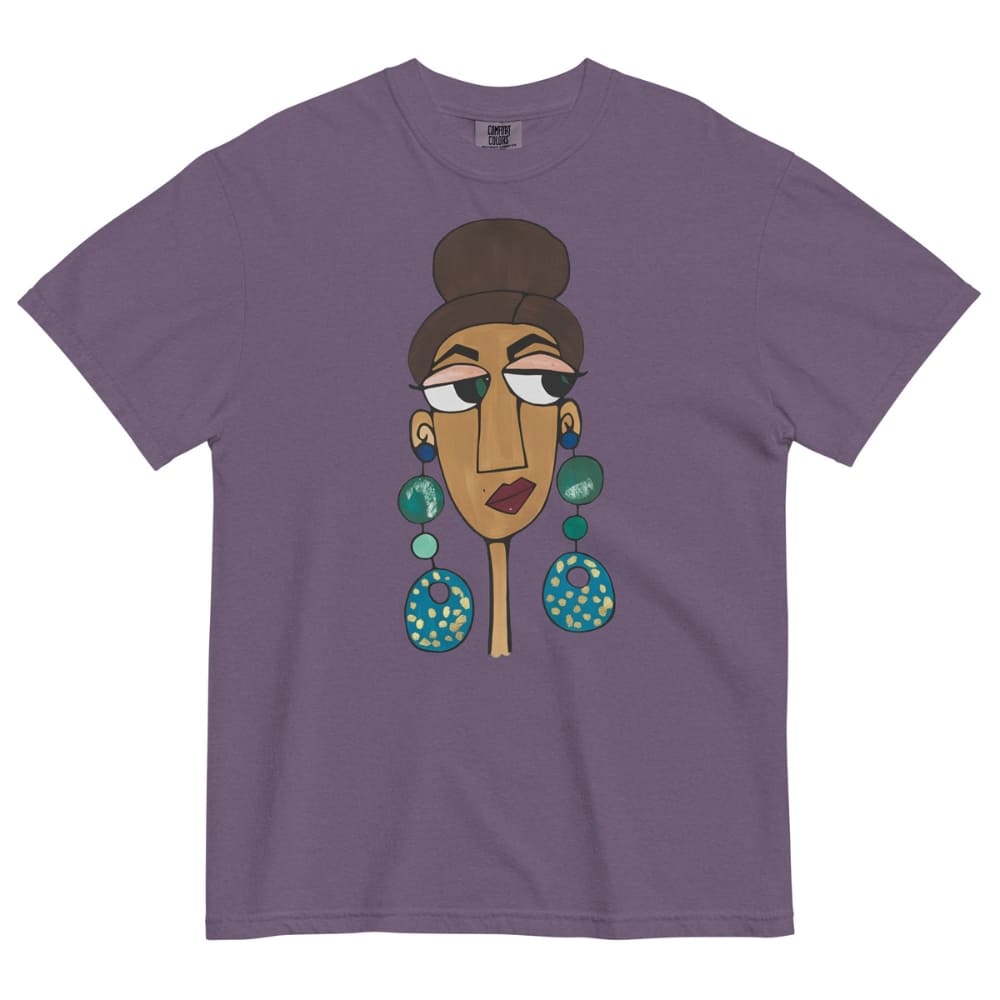 Grape purple t-shirt with a stylized illustration of a woman's face on a white background