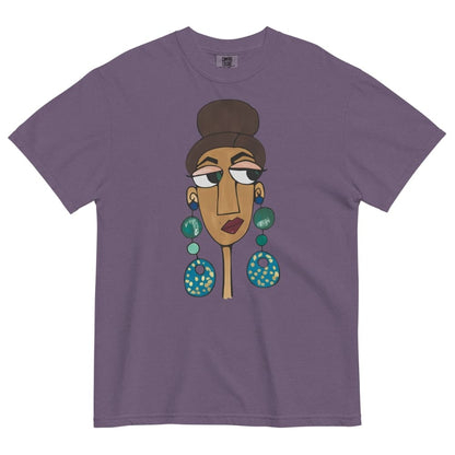 Grape purple t-shirt with a stylized illustration of a woman's face on a white background