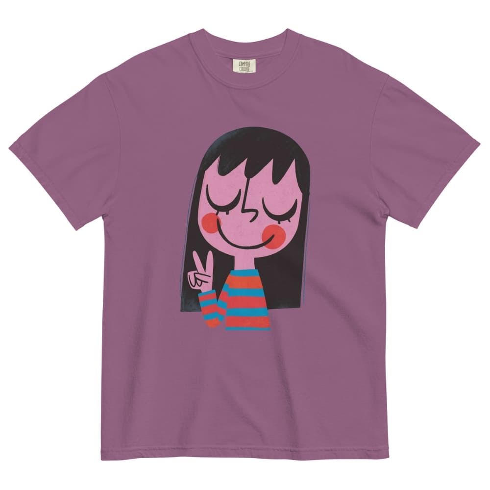 Purple t-shirt with a cartoon character design on a white background