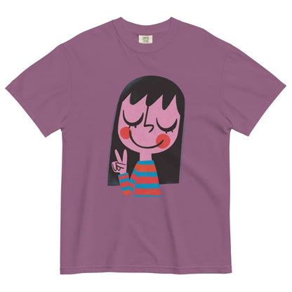 Purple t-shirt with a cartoon character design on a white background