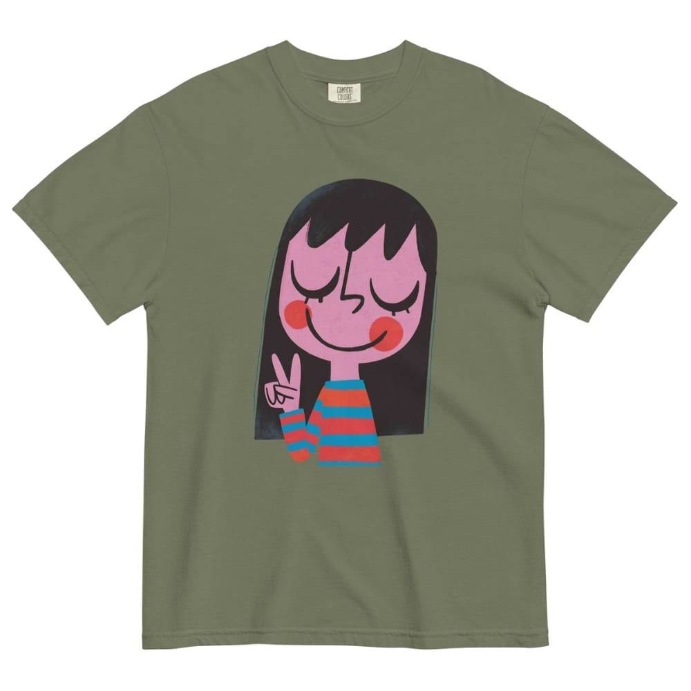 Green t-shirt with a cartoon character design on a white background