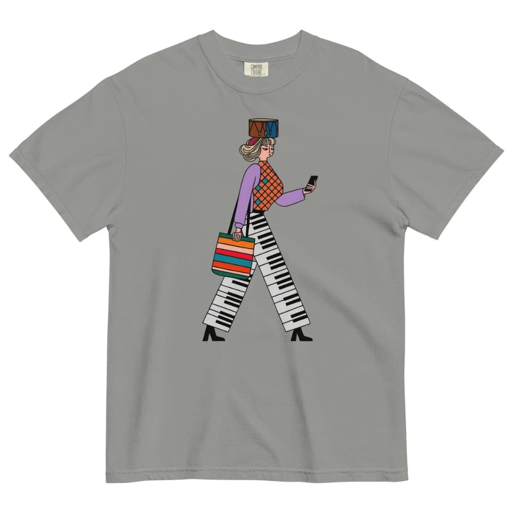 Gray t-shirt with a colorful graphic of a person walking on a white background
