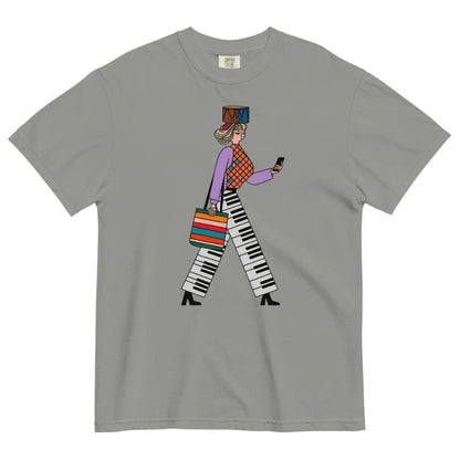Gray t-shirt with a colorful graphic of a person walking on a white background