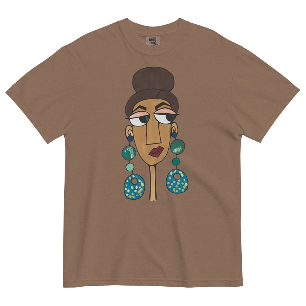 Brown t-shirt with a graphic of a face with large earrings on a white background