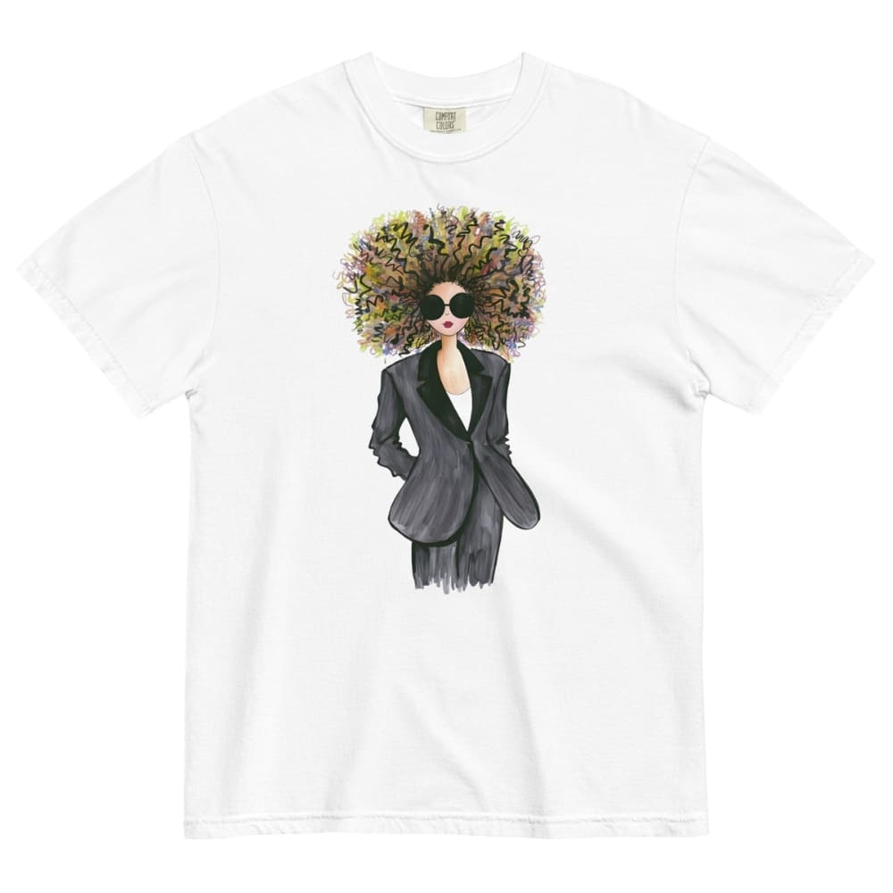 White t-shirt with a graphic of a woman in a suit and flower crown on a white background