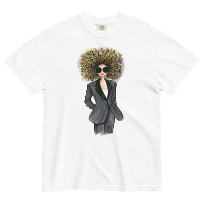 White t-shirt with a graphic of a woman in a suit and flower crown on a white background