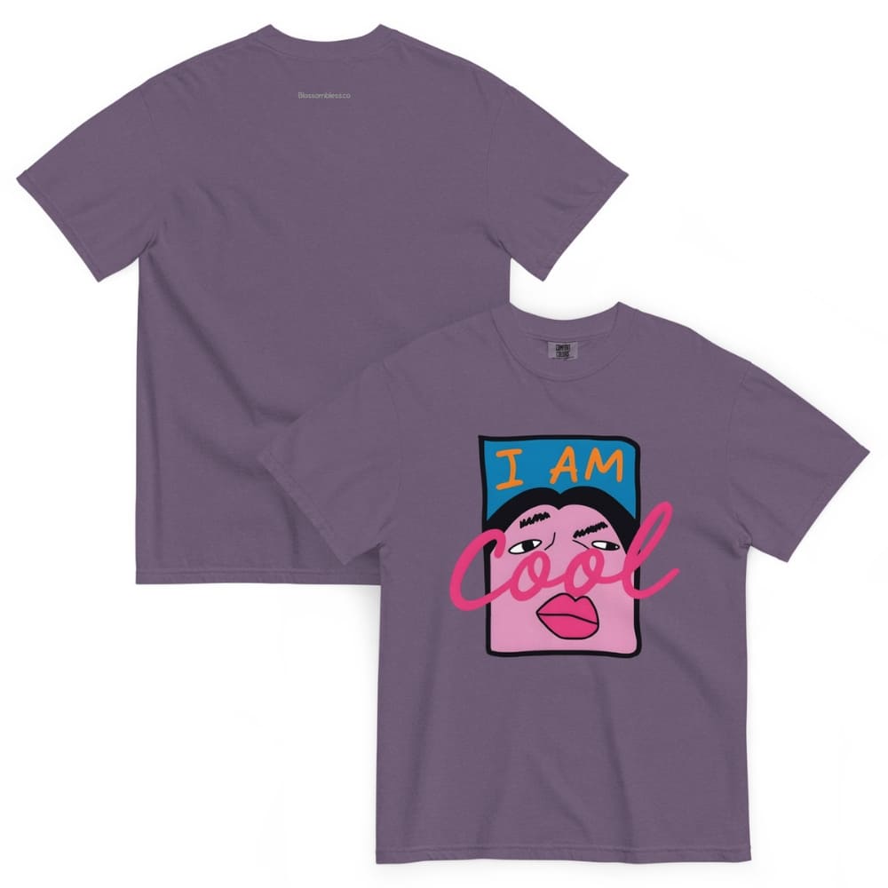 Grape purple t-shirt with graphic design and text on a white background