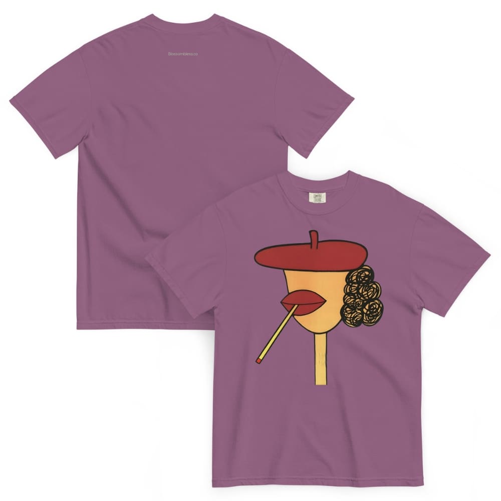 Berry t-shirt with a graphic design of a face wearing a beret and smoking a cigarette on a white background.