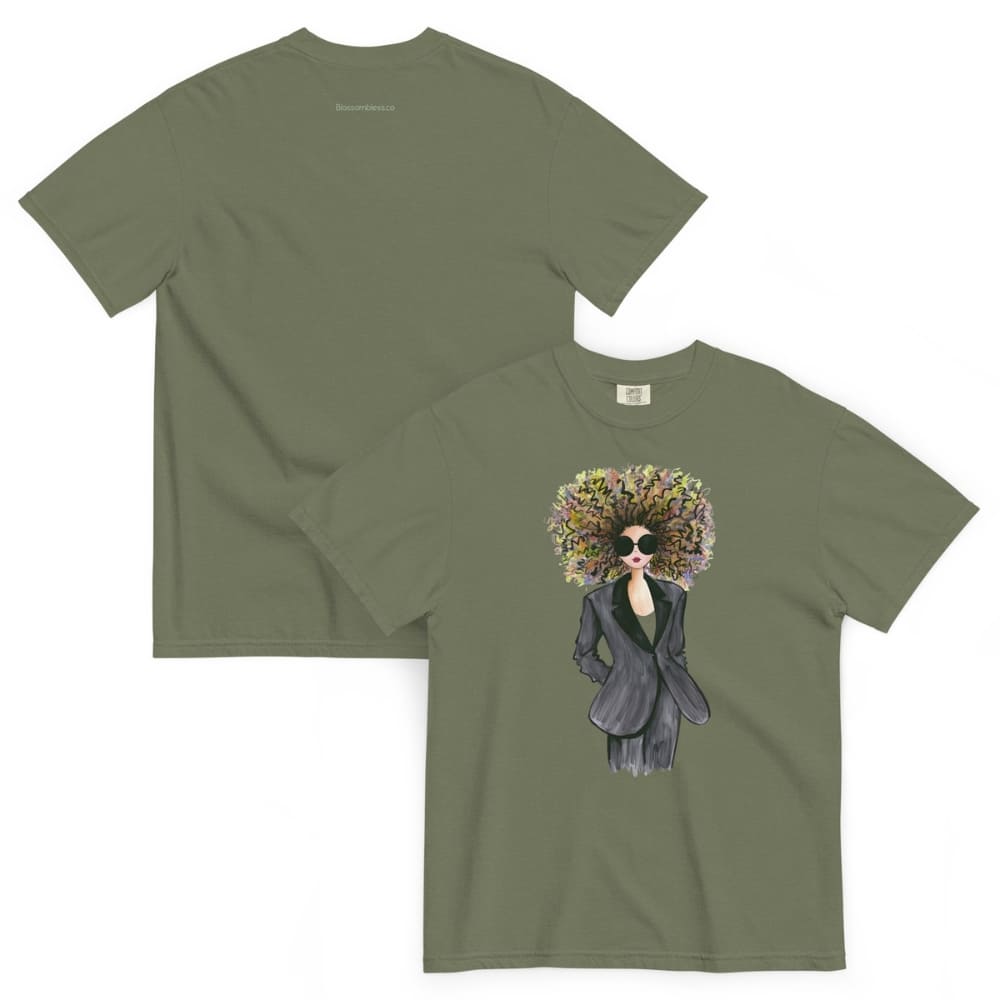 Moss-green t-shirt with a graphic design of a woman with flowers in her hair on a white background