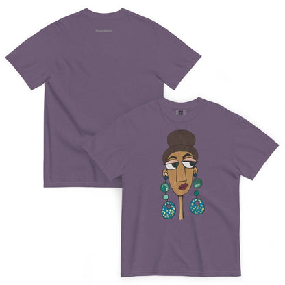 Grape purple t-shirt with a graphic of a woman's face and earrings on a white background