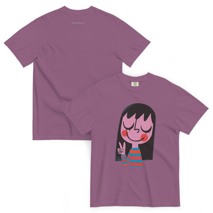 Purple t-shirt with a cartoon character on a white background