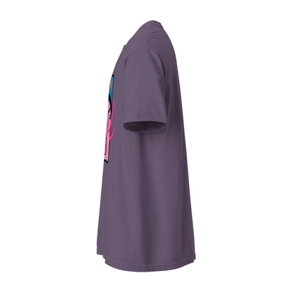 Grape purple t-shirt with a logo on the sleeve against a white background