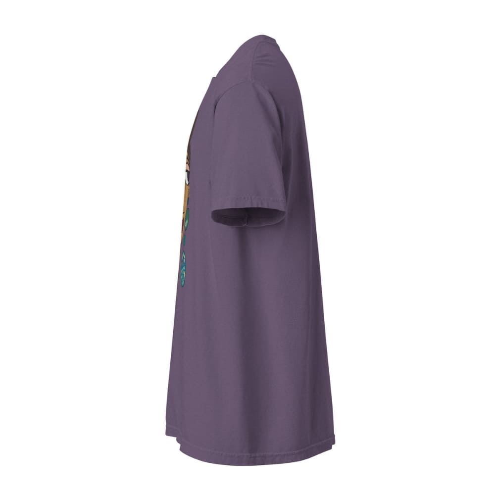 Grape purple t-shirt with a small graphic on the sleeve against a white background