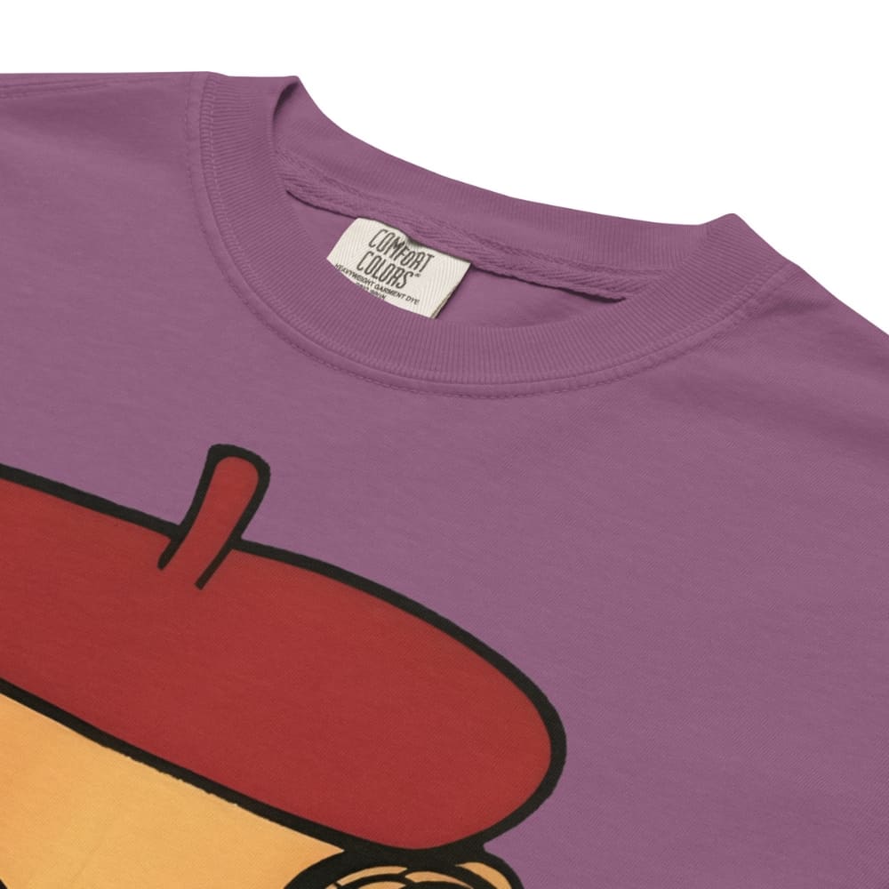 Berry t-shirt with a cartoon character design and 'Comfort Colors' label.