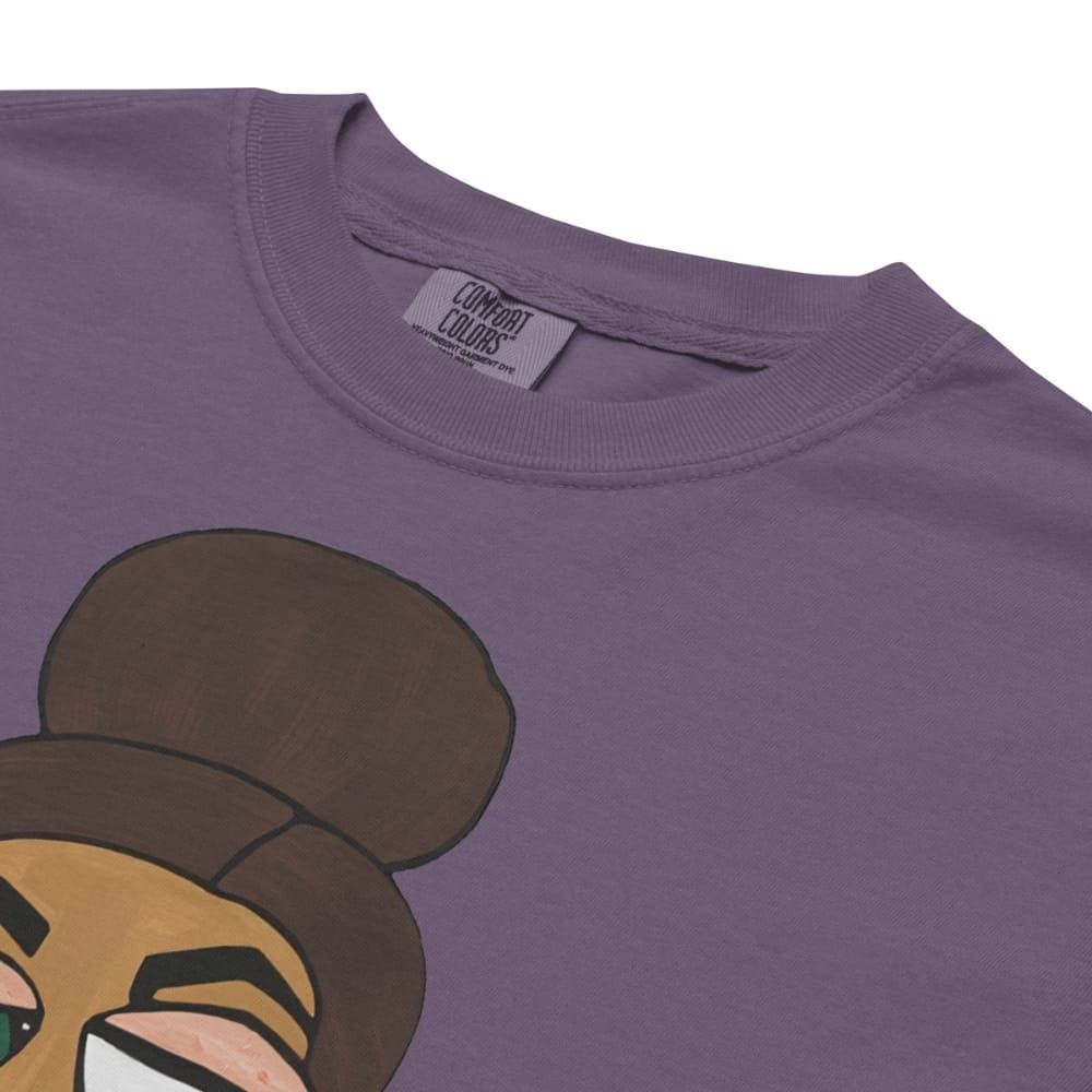 Grape purple t-shirt with cartoon character design and 'Comfort Colors' label.