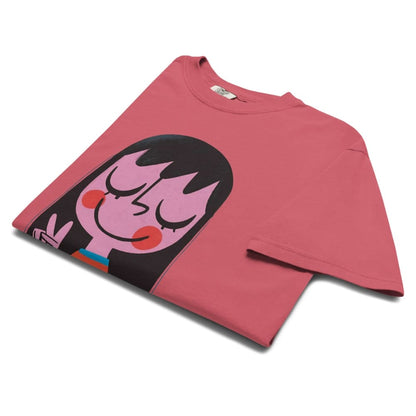 Red t-shirt with a cartoon character design on a white background
