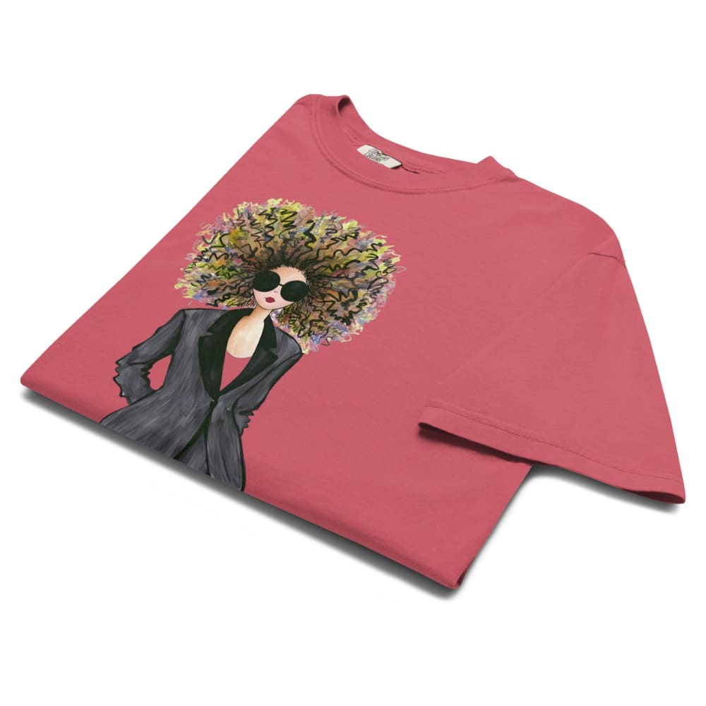 Watermelon-red t-shirt with a graphic of a woman with a floral hairstyle on a white background