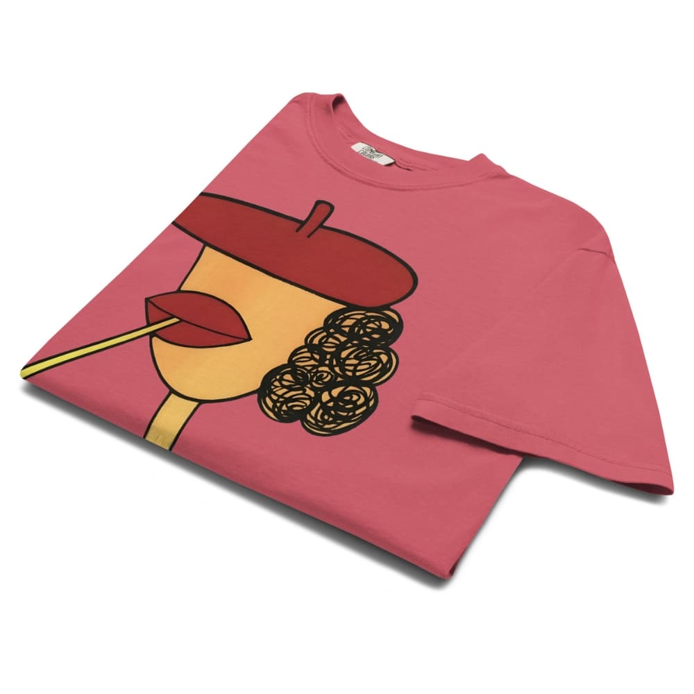 Wtermelon-pink t-shirt with a graphic design of a face wearing a beret and holding a cigarette on a white background.