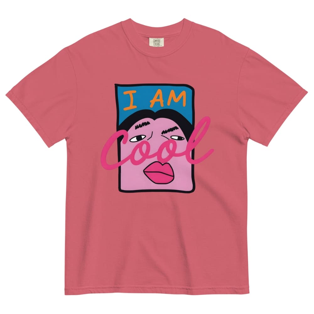 Watermelon pink t-shirt with a graphic design of a face and 'I AM Cool' text on a white background