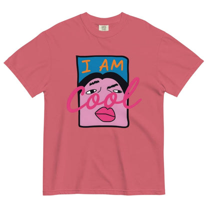 Watermelon pink t-shirt with a graphic design of a face and 'I AM Cool' text on a white background
