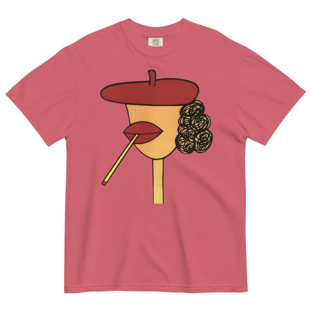 Wtermelon-pink t-shirt with a stylized face design featuring a red beret, yellow face, black hair, and red lips on a white background.