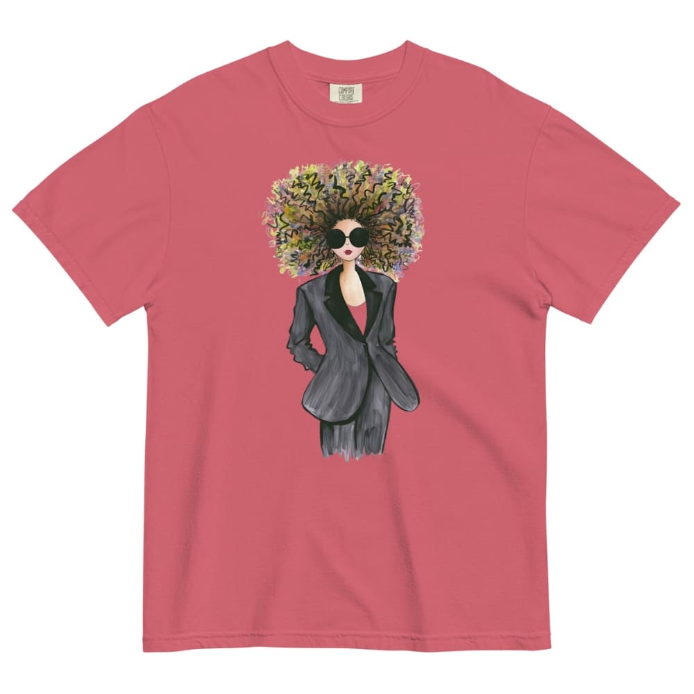 Watermelon-red t-shirt with a graphic of a woman with a floral afro on a white background