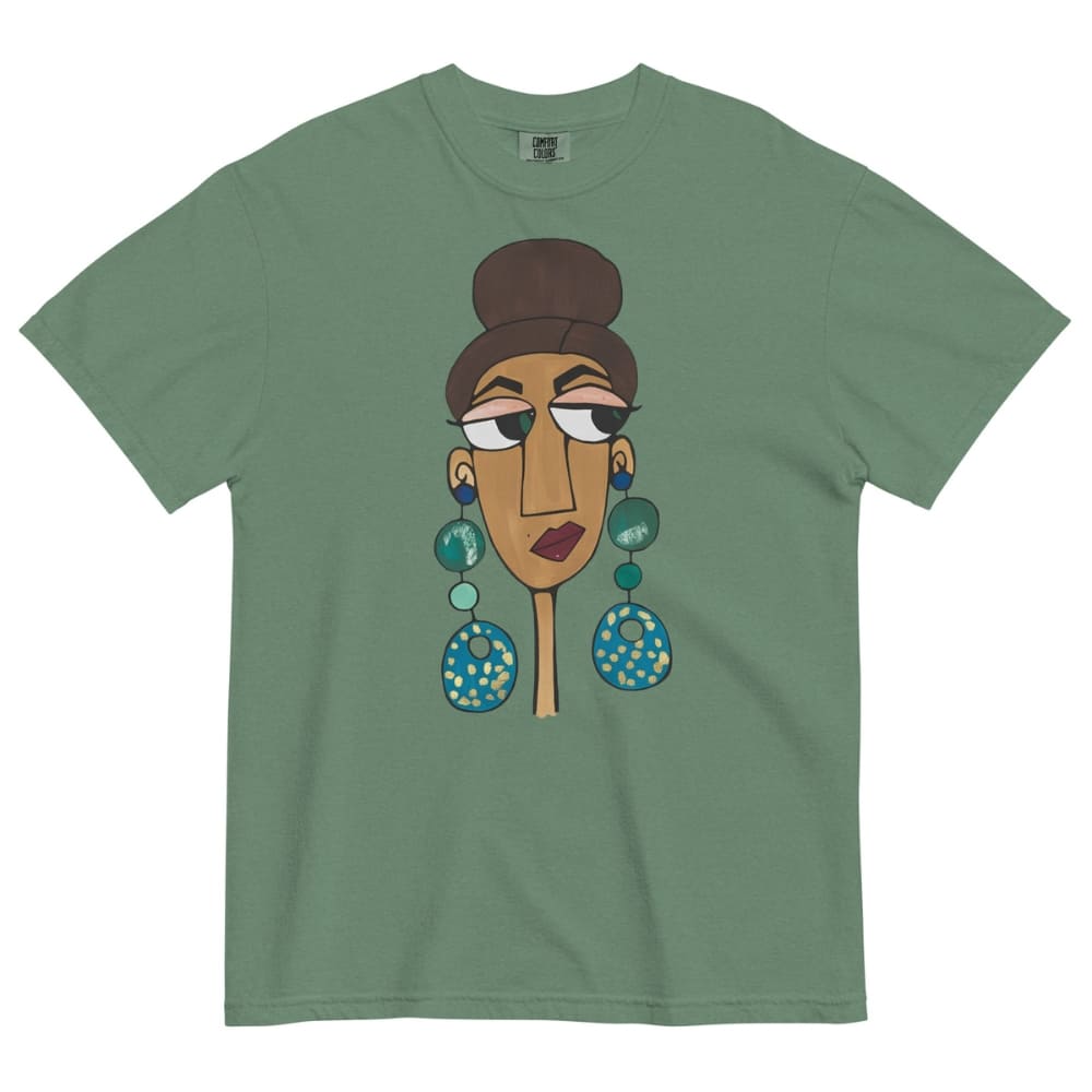 Green t-shirt with a graphic of a face with large earrings on a white background