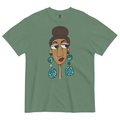 Green t-shirt with a graphic of a face with large earrings on a white background
