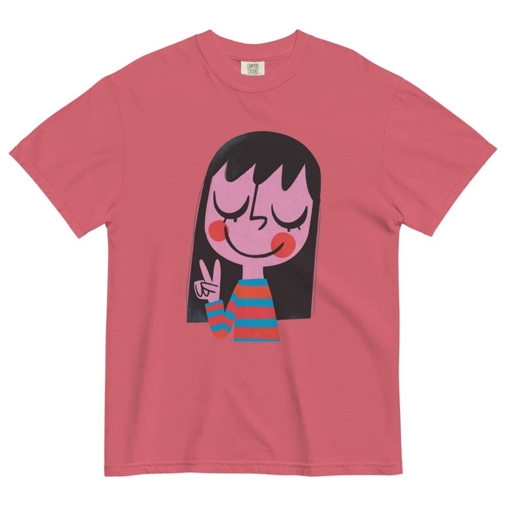 Red t-shirt with a cartoon character design on a white background