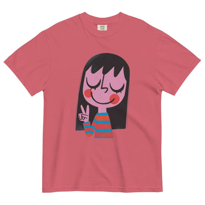 Red t-shirt with a cartoon character design on a white background