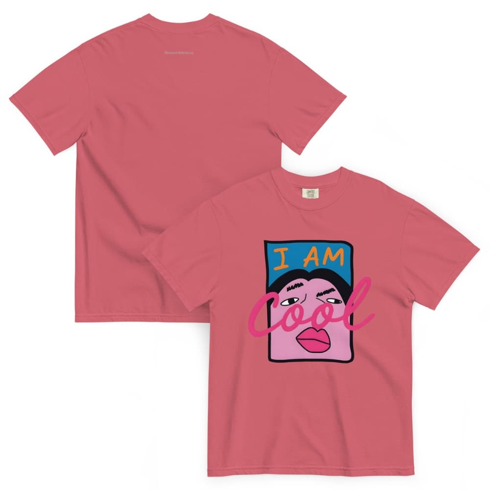 Watermelon red t-shirt with 'I AM Cool' graphic design on a white background