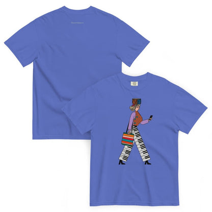 Flo blue t-shirt with a colorful graphic design on a white background