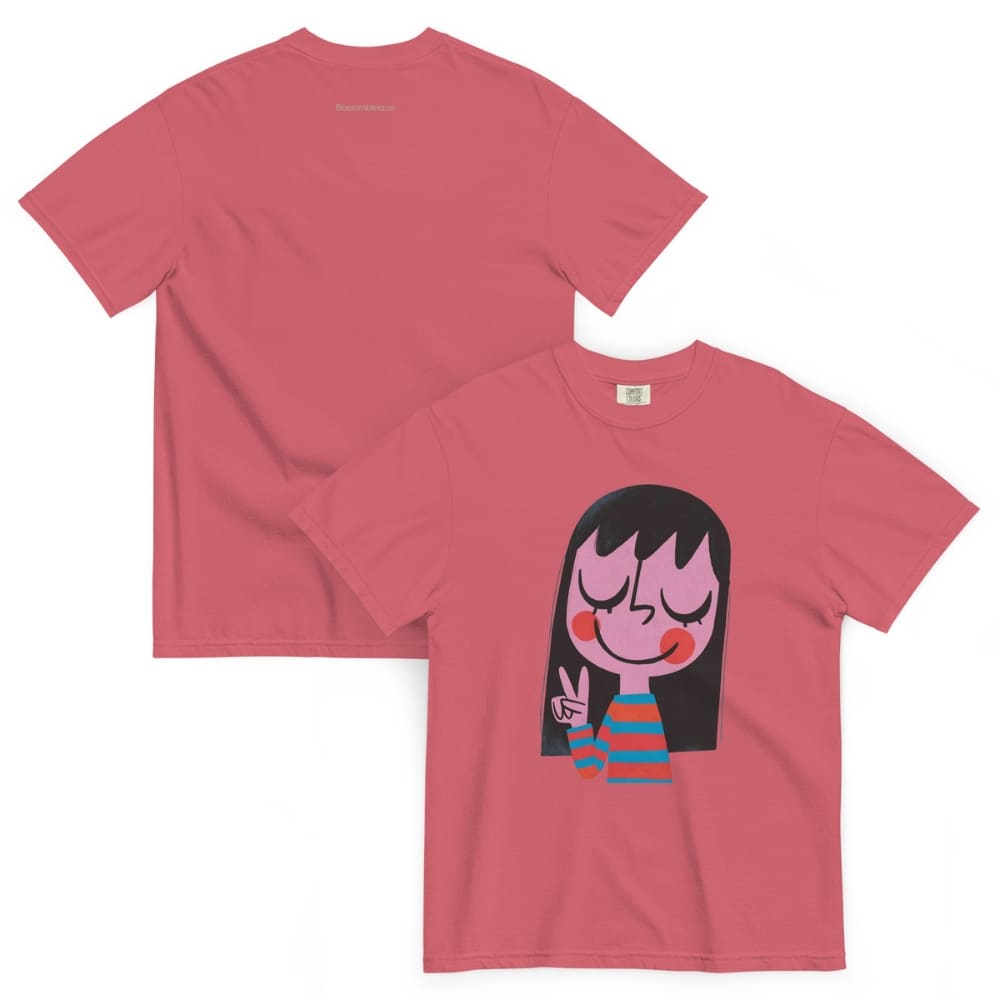 Red t-shirt with a cartoon character on a white background